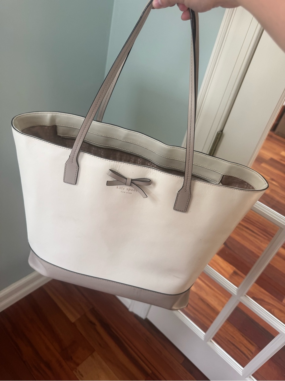 kate spade Cream Tote with Taupe Trim and Bow Detail
